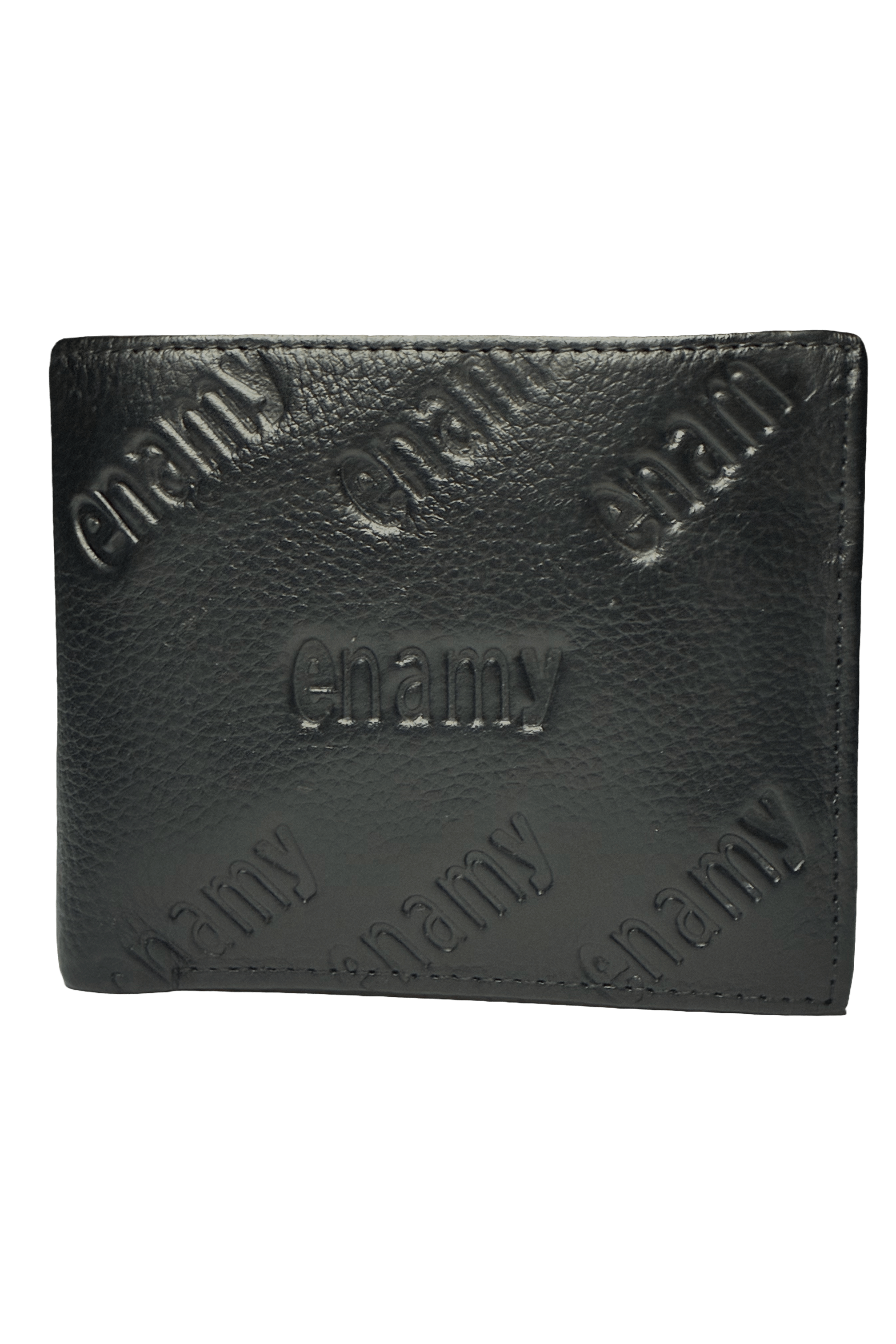Black genuine leather bifold wallet front view with embossed Enamy branding. Maison Enamy NYC luxury wallet.