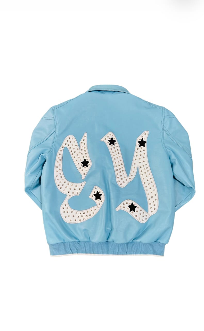 Back view of blue leather jacket with oversized white studded EY monogram and black star accents. Maison Enamy NYC handcrafted.