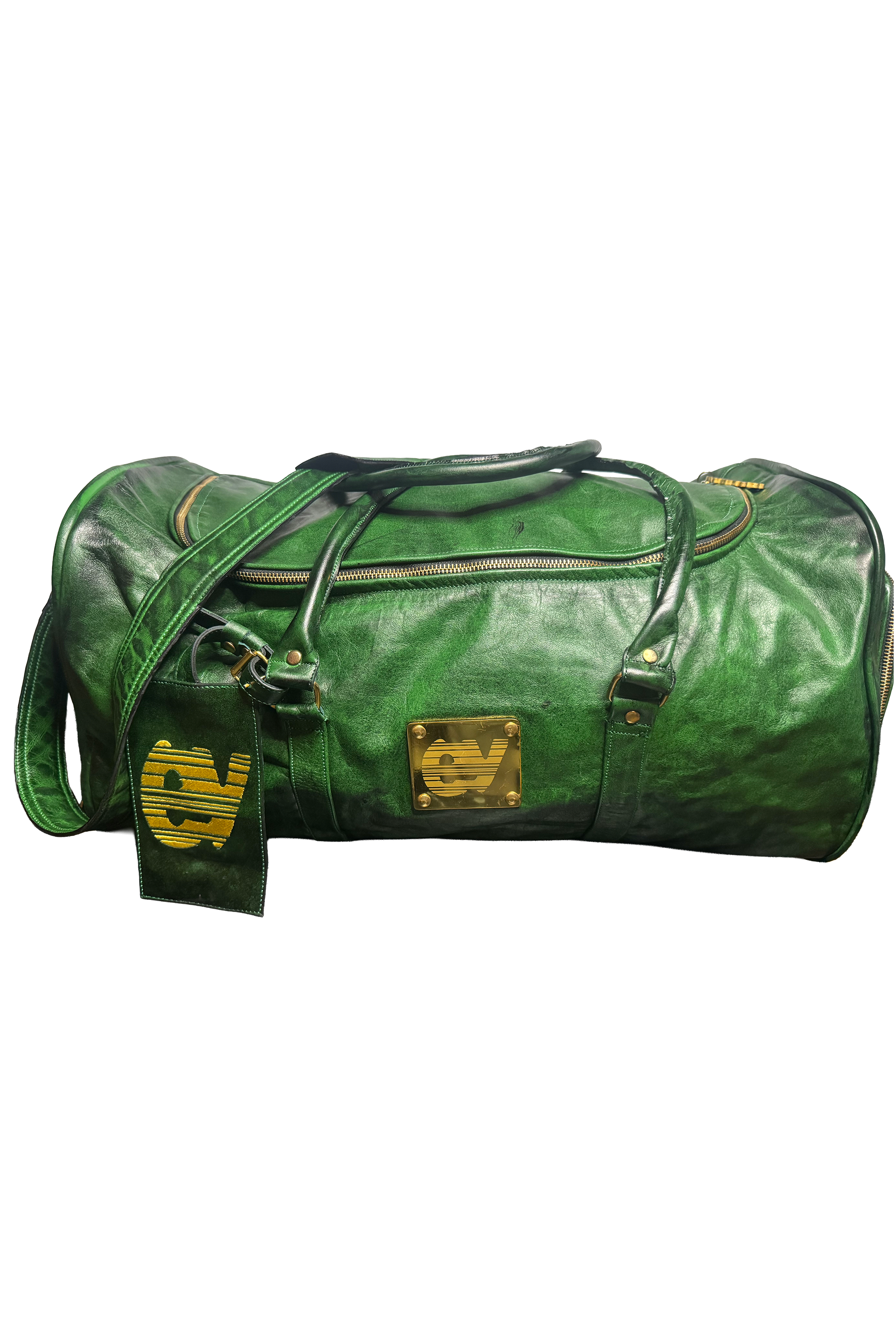 Front view of emerald green genuine leather duffle bag with gold hardware and Enamy charm zipper pull. Maison Enamy NYC handcrafted.