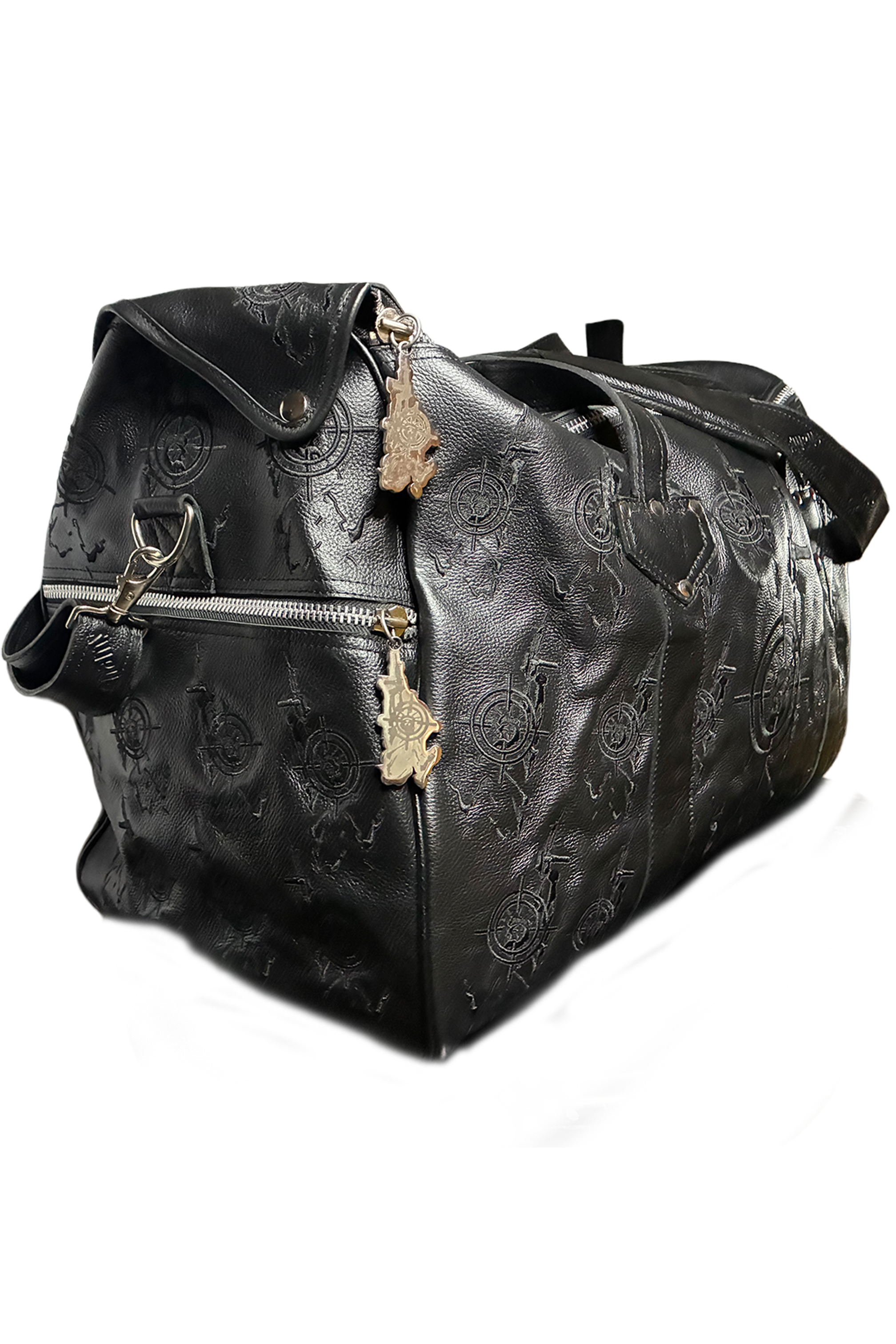 Black genuine leather duffle bag with embossed Veil For Liberty monogram pattern and silver Enamy charm zipper pulls. Maison Enamy NYC. 21x14 inches.