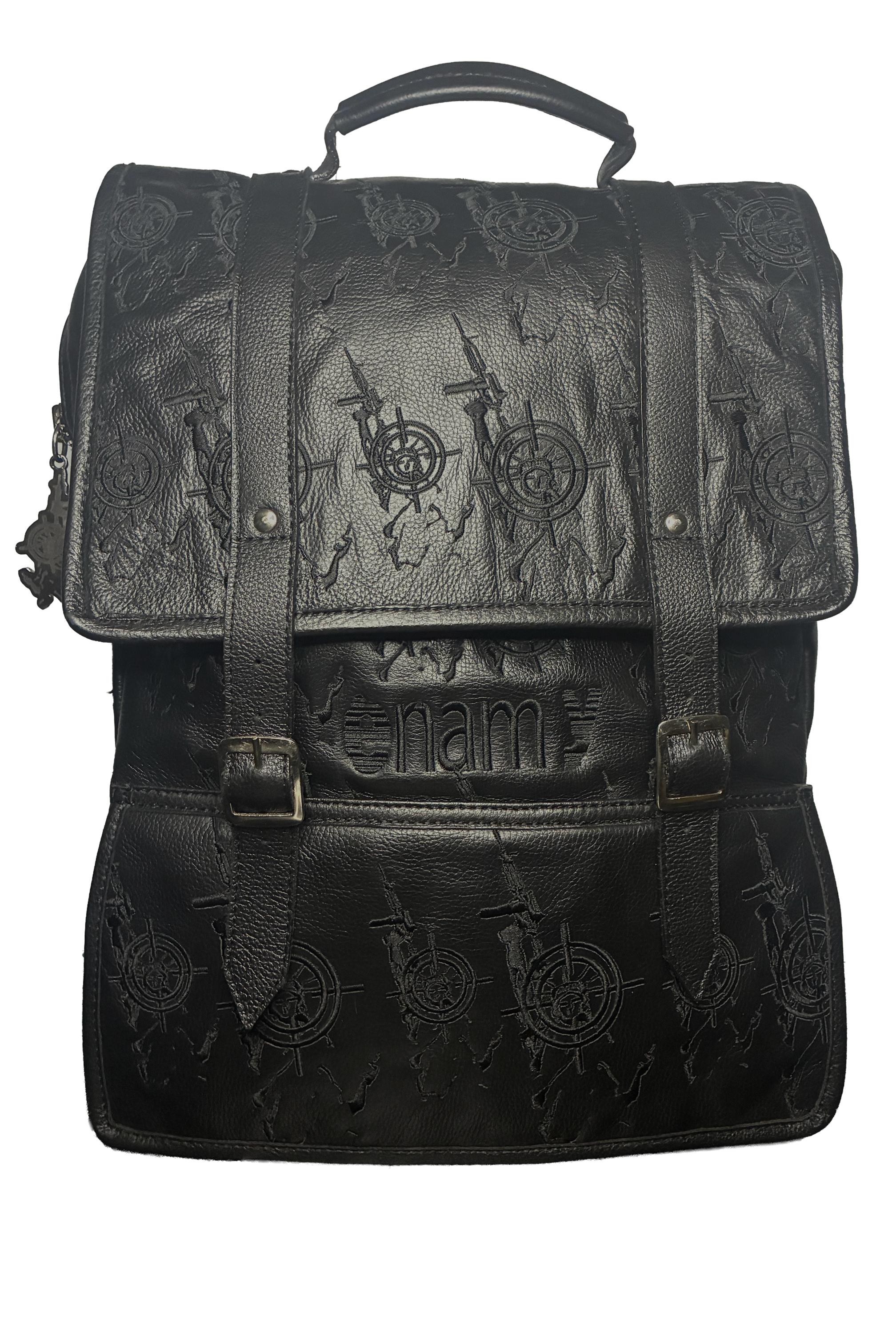 Front view of black genuine leather backpack with embossed Veil For Liberty monogram flap closure and brass buckles. Maison Enamy NYC. 17x13 inches.