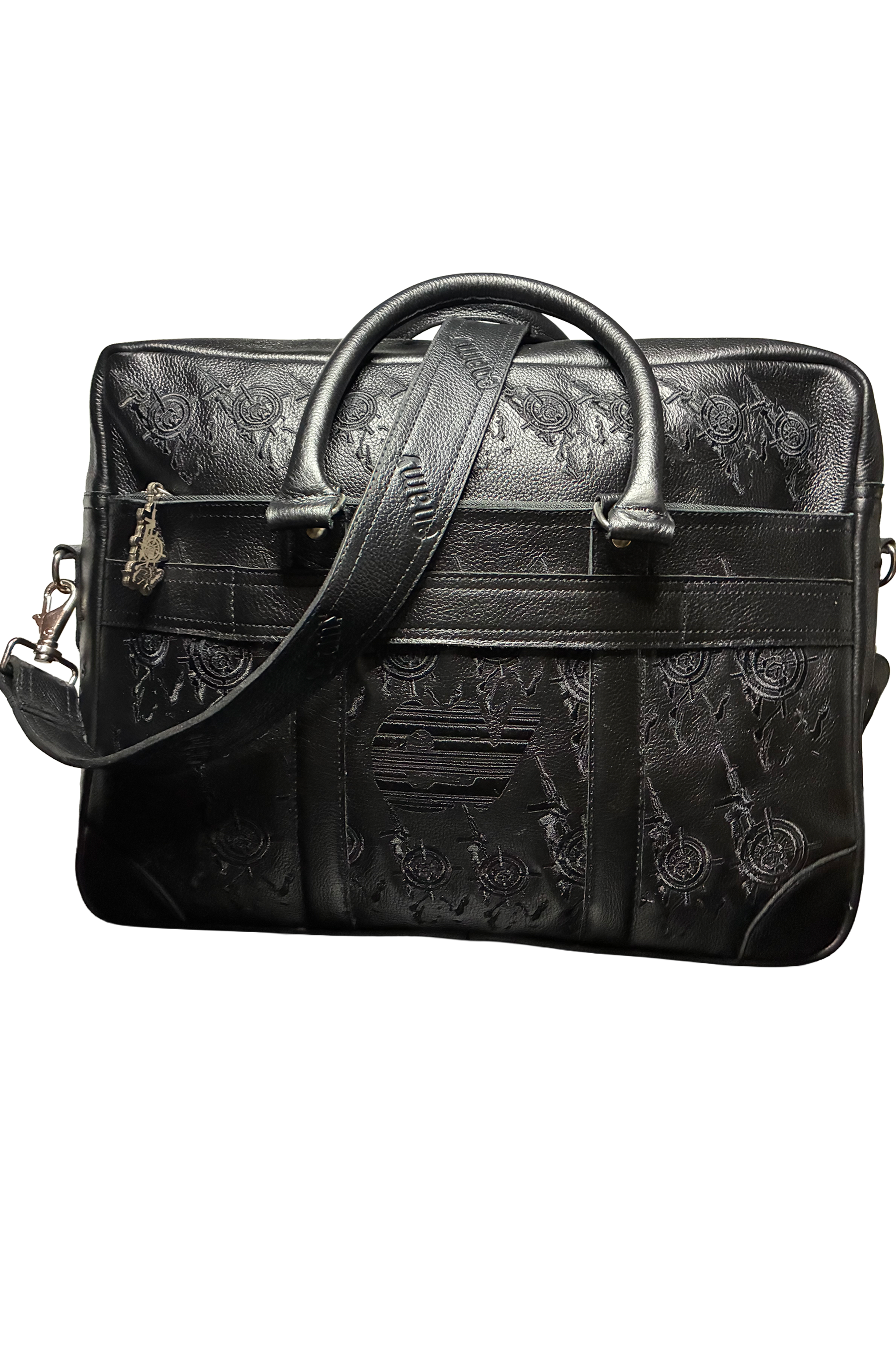 Front view of Veil For Liberty black leather briefcase with embossed Enamy monogram pattern and silver hardware charm. Maison Enamy NYC.